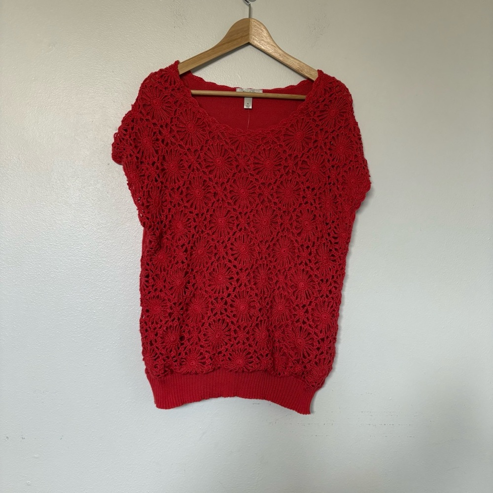 Dressbarn Red Women's Short Sleeve Floral Crochet Sweater NWT Size XL